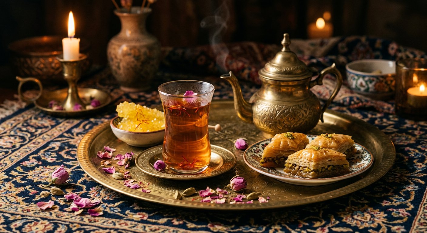 سینیِ برنجی با چای، نباتِ زعفرانی و شیرینیِ روز