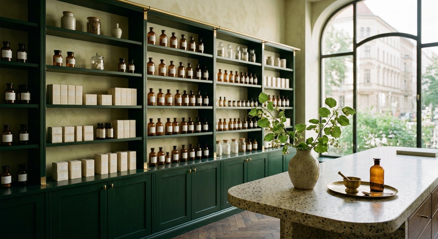 The interior of Linden Apotheke — dark green shelving with amber bottles and warm brass details