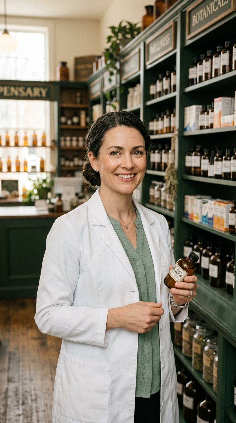 Dr. Elena Brandt, owner and chief pharmacist of Linden Apotheke