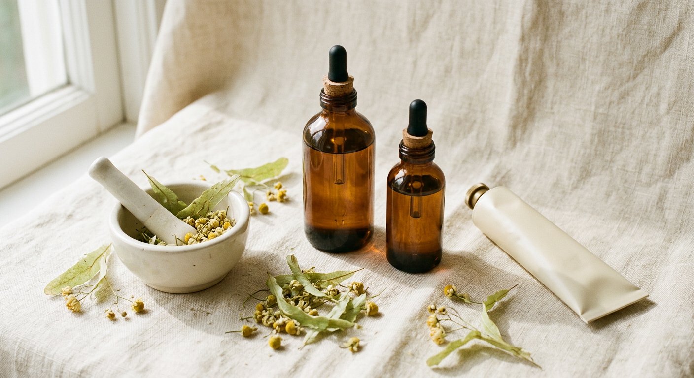 Amber apothecary bottles, a ceramic mortar and dried linden leaves arranged on cream linen