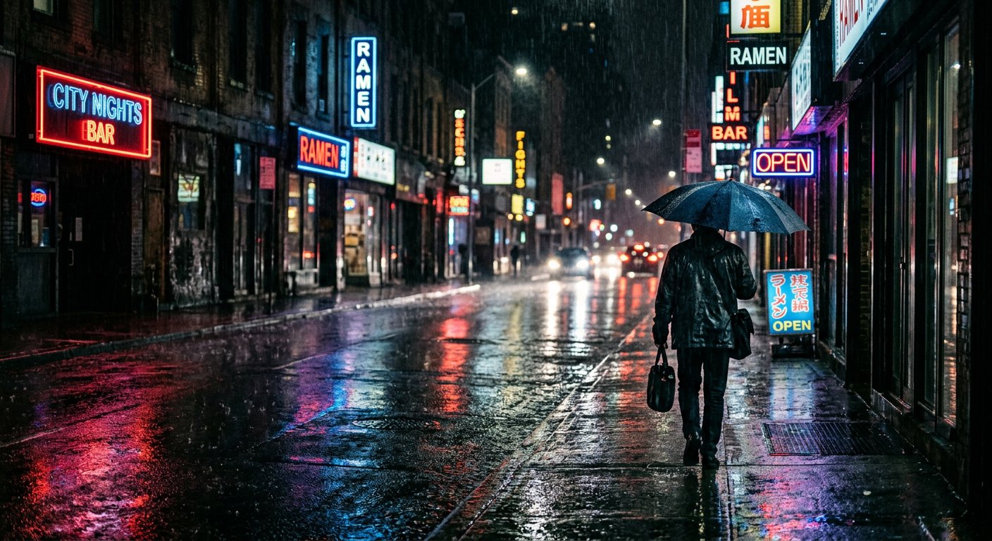 Rainy city street at night