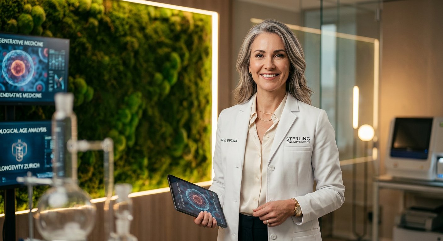 Dr. Evelyn Sterling in her Zurich Laboratory