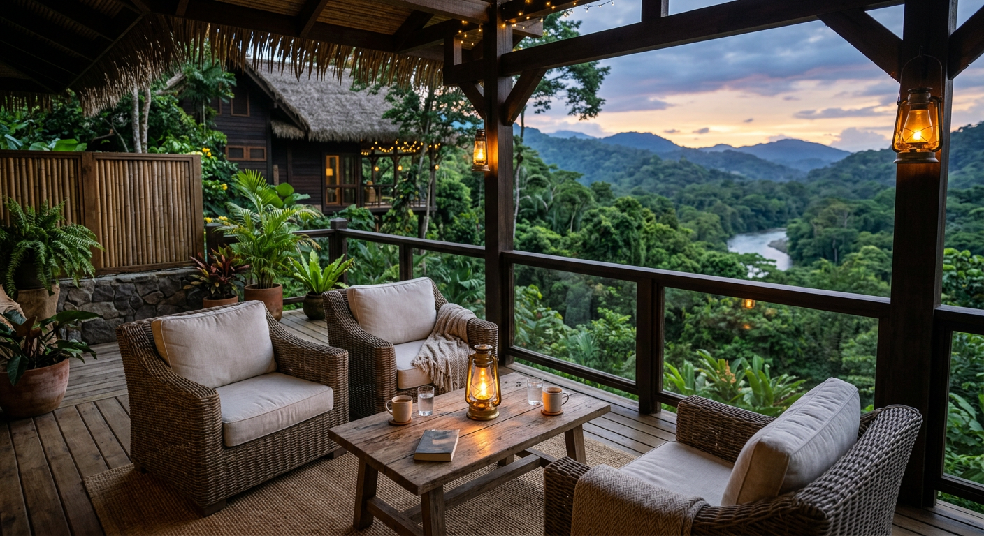 Luxury lodge patio overlooking nature