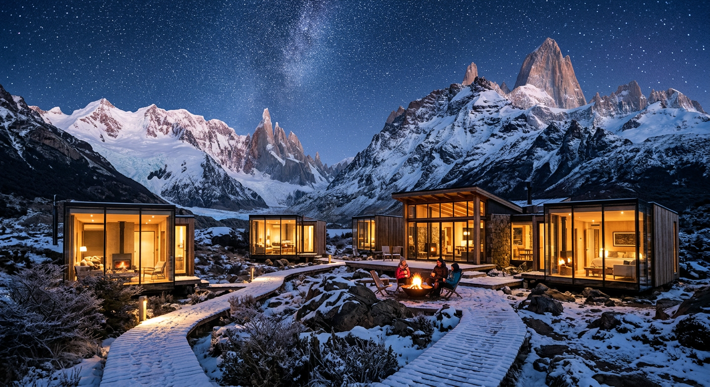 Mountain lodge under a starry sky